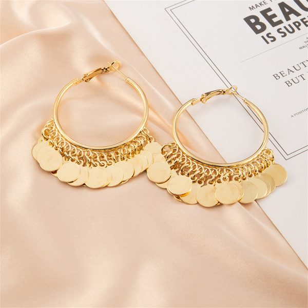 18K Gold-Plated Disc Tassel Huggie Earrings For Sale