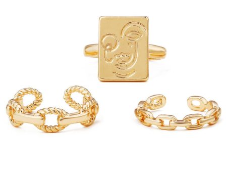 18K Gold-Plated Abstract Face Cable Chain Open Ring Set Supply