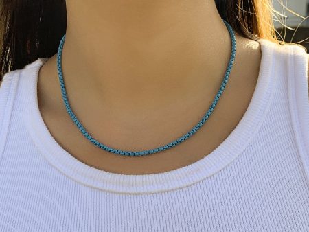 Blue Enamel & Silver-Plated Box Chain Necklace For Sale