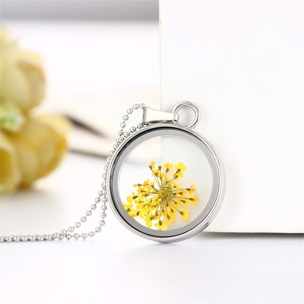 Yellow Gypsophila & Silver-Plated Resin Round Pendant Necklace Online Sale