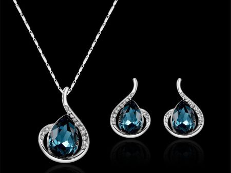 Blue & Silver-Plated Pear Pendant Necklace & Drop Earrings For Cheap