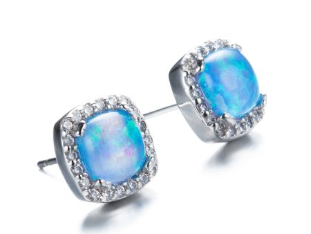 Blue Opal & Cubic Zirconia Square Halo Stud Earrings on Sale