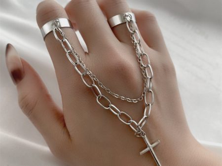 Silver-Plated Cable-Chain Cross Double-Finger Ring Fashion