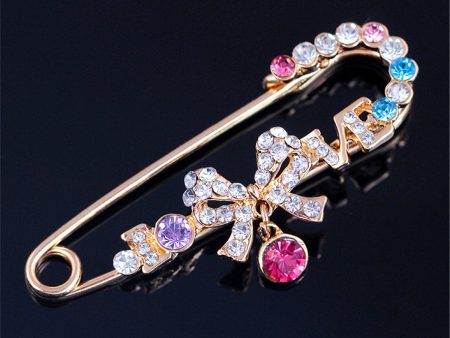 18K Gold-Plated & Cubic Zirconia Bow-Accent Safety Pin Brooch Fashion