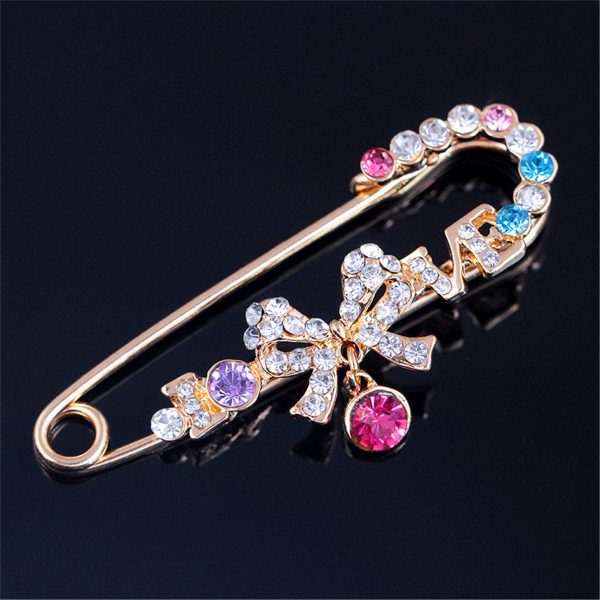 18K Gold-Plated & Cubic Zirconia Bow-Accent Safety Pin Brooch Fashion