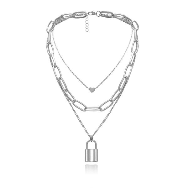 Silver-Plated Heart & Lock Layered Pendant Necklace For Sale