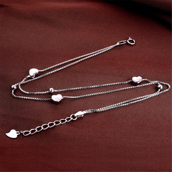 Sterling Silver Layered Heart Charm Anklet Online now