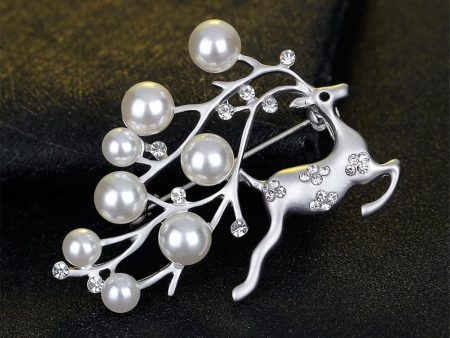 Cubic Zirconia & Pearl Dashing Reindeer Brooch For Cheap