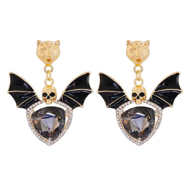 Black Crystal & Cubic Zirconia Skull Bat Drop Earrings For Sale