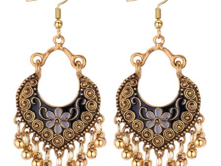 Black Enamel & 18K Gold Plated Ball-Detail Flower Drop Earrings For Sale