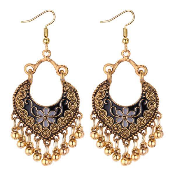 Black Enamel & 18K Gold Plated Ball-Detail Flower Drop Earrings For Sale