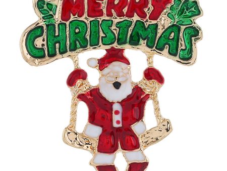 Red Enamel & 18K Gold-Plated  Merry Christmas  Santa Brooch Sale