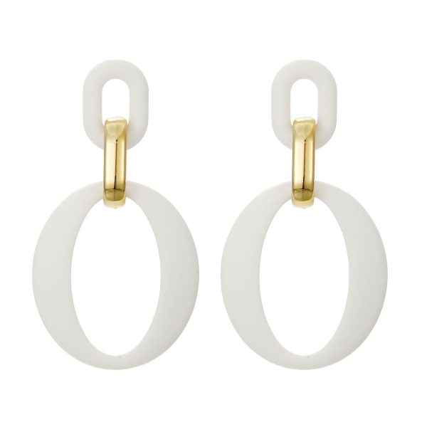 White Enamel & 18K Gold-Plated Openwork Oval Drop Earrings For Cheap