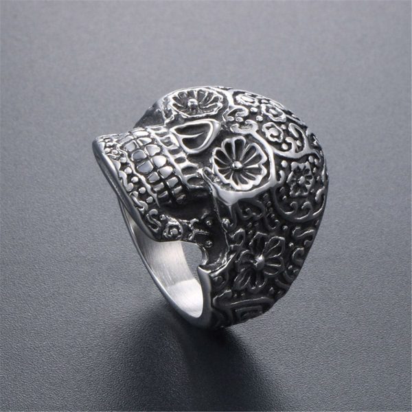 Silver-Plated Floral Skull Band Ring Fashion