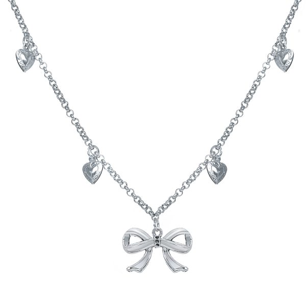 Silver-Plated Bow Heart Station Necklace on Sale