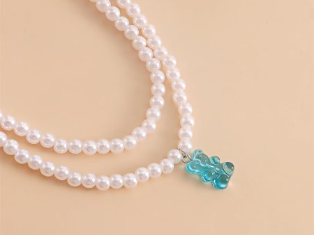 Blue Acrylic & Pearl Bear Layered Pendant Necklace Online