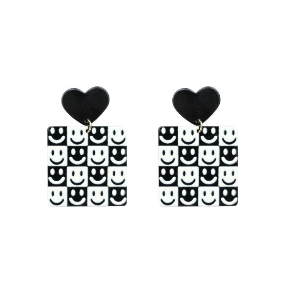 Black & White Heart Smiley Square Drop Earrings Fashion