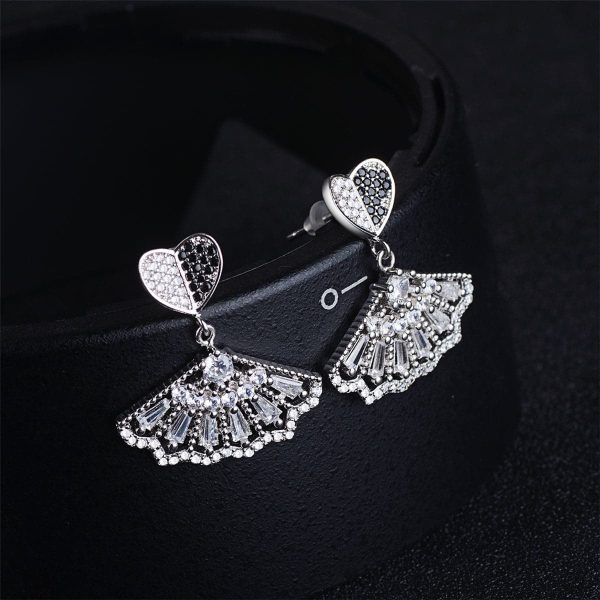 Black & White Cubic Zirconia Heart Fan Drop Earrings Online Sale