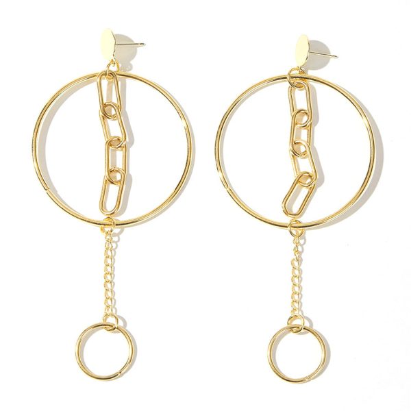 18K Gold-Plated Circle Chain Drop Earrings For Sale