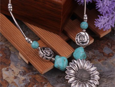 Turquoise & Silver-Plated Sunflower Pendant Necklace For Discount