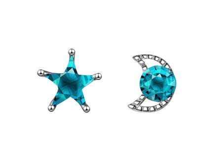 Teal Crystal & Silver-Plated Blue Moon & Star Stud Earrings For Sale