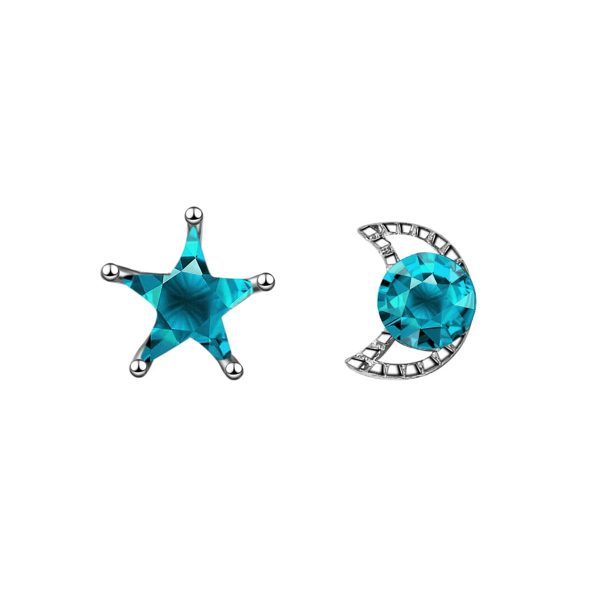 Teal Crystal & Silver-Plated Blue Moon & Star Stud Earrings For Sale