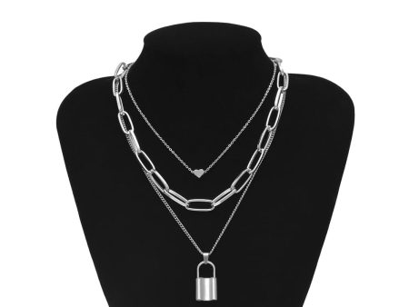 Silver-Plated Heart & Lock Layered Pendant Necklace For Sale