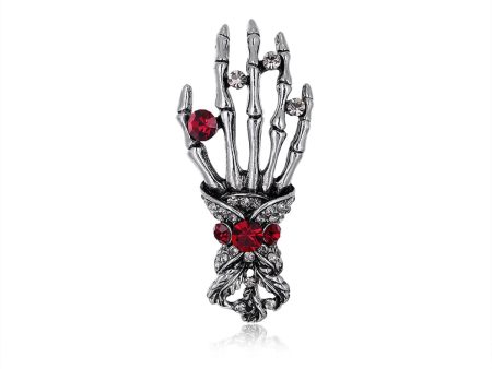 Cubic Zirconia & Silver-Plated Skeleton Hand Brooch Hot on Sale