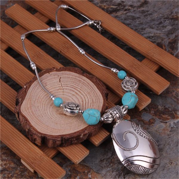 Turquoise & Silver-Plated Floral Teardrop Necklace For Discount