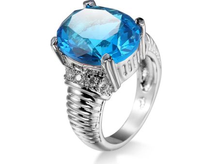 Sea Blue Cubic Zirconia & Crystal Textured Oval Ring For Cheap