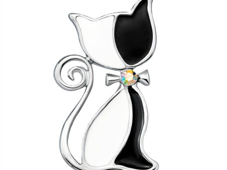 Cubic Zirconia & Black Enamel Silver-Plated Kitty Brooch Online now