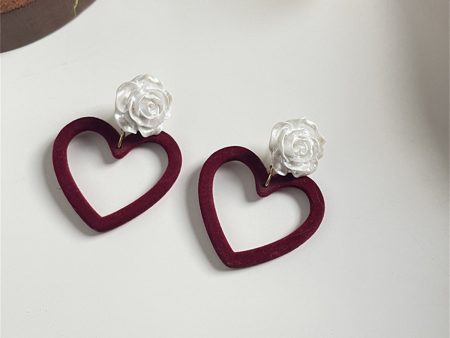 Wine Red Nylon & White Resin Rose Heart Drop Earrings Supply