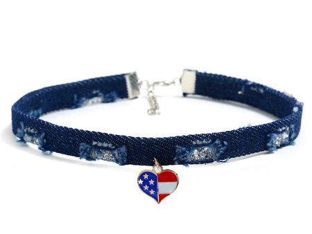 Blue & Silver-Plated American Flag Heart Choker Necklace Fashion