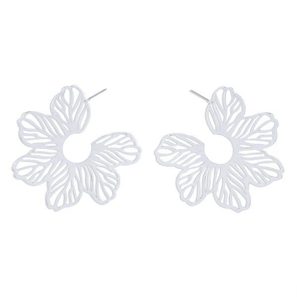 Silver-Plated Cutout Flower Huggie Earrings For Cheap