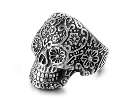 Silver-Plated Floral Skull Band Ring Fashion