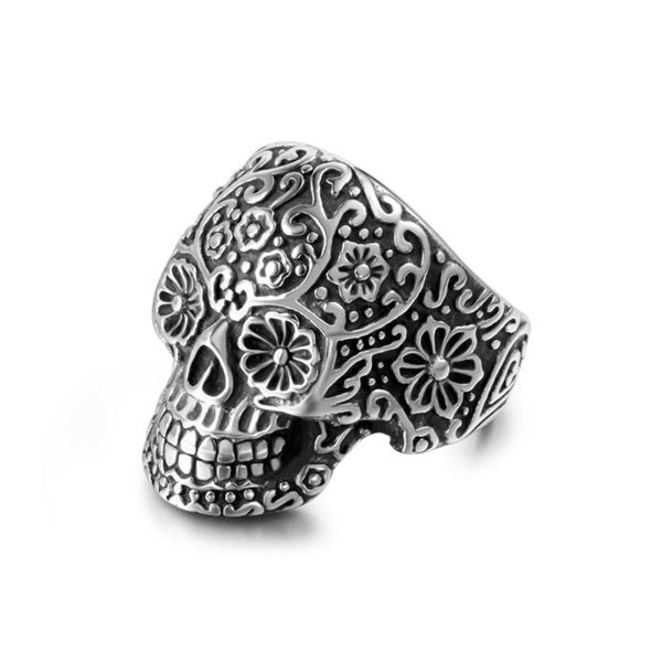 Silver-Plated Floral Skull Band Ring Fashion