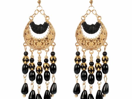 Black Resin & Polyster 18K Gold-Plated Tassel Drop Earrings Fashion