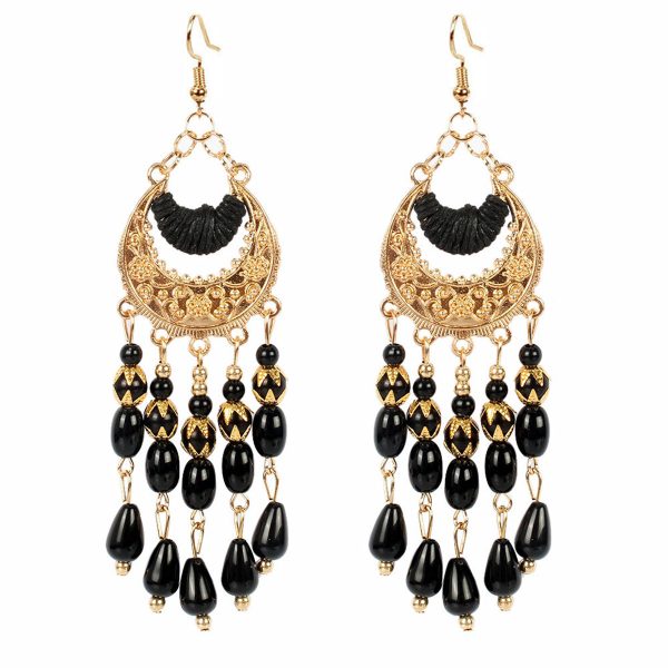 Black Resin & Polyster 18K Gold-Plated Tassel Drop Earrings Fashion