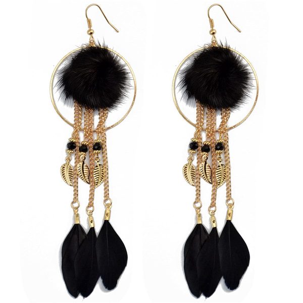 18K Gold-Plated Feather & Pompon Leaves Dangle Earring Cheap