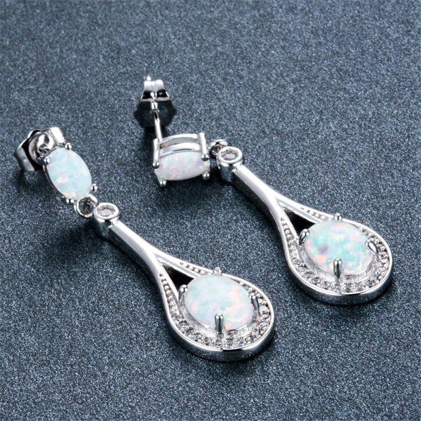 White Opal & Silver-Plated Oval Drop Earrings Cheap