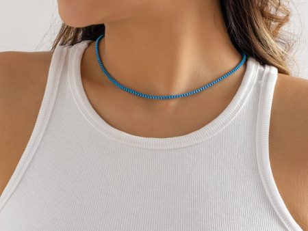 Blue Enamel & Silver-Plated Box Chain Necklace For Cheap