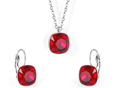 Red Crystal & Silver-Plated Square Leverback Earrings & Pendant Necklace Online Sale