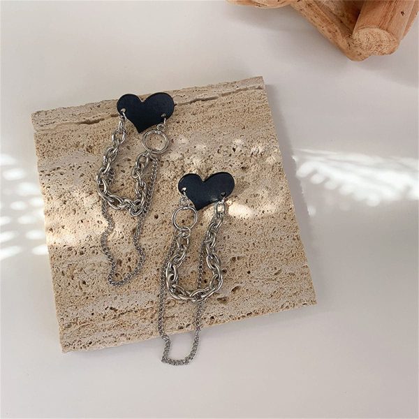 Black Acrylic & Silver-Plated Heart Chain Tassel Drop Earrings Supply