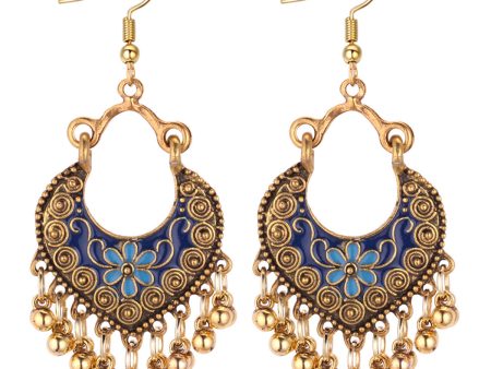 Blue Enamel & 18K Gold Plated Ball-Detail Flower Drop Earrings For Sale