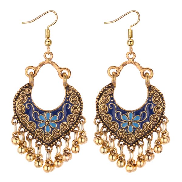 Blue Enamel & 18K Gold Plated Ball-Detail Flower Drop Earrings For Sale