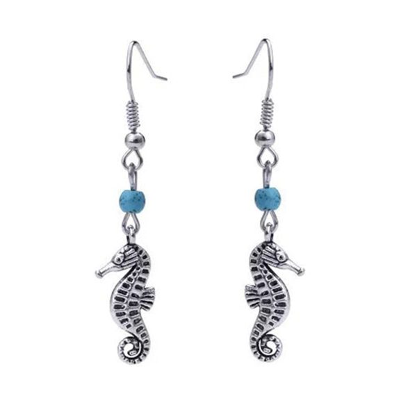 Turquoise & Silver-Plated Sea Horse Drop Earrings For Cheap