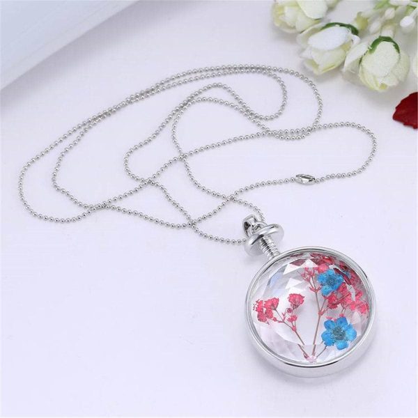 Blue & Pink Peach Blossom & Resin Round Pendant Necklace on Sale