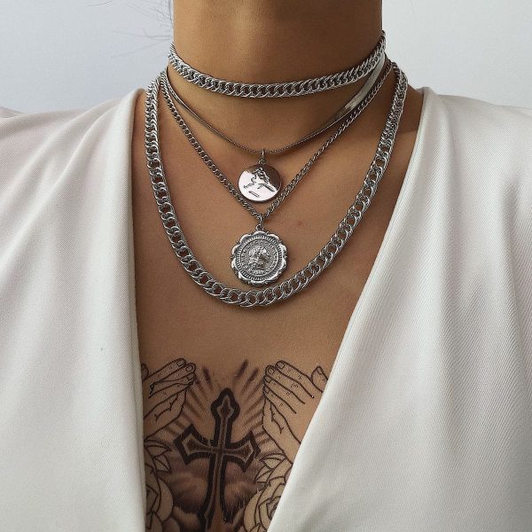 Silver-Plated Coin Layered Pendant Necklace Set Sale