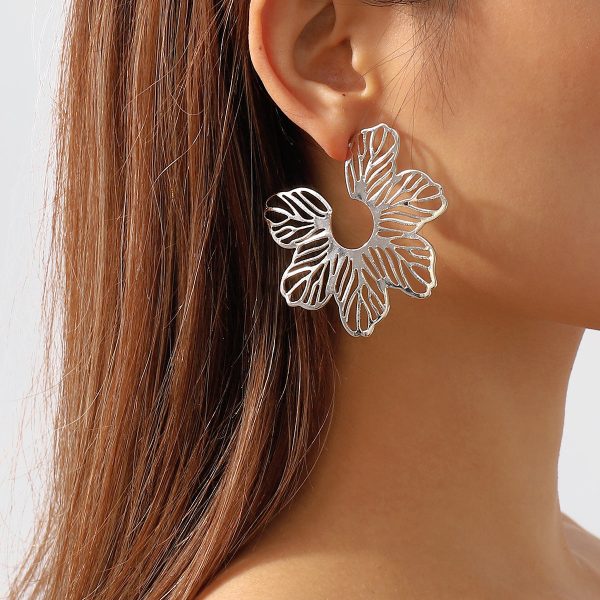 Silver-Plated Cutout Flower Huggie Earrings For Cheap