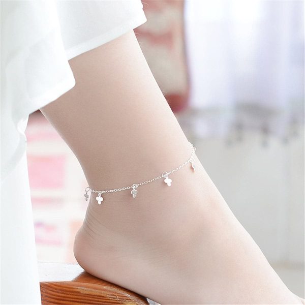 Silver-Plated Clover Charm Anklet Hot on Sale